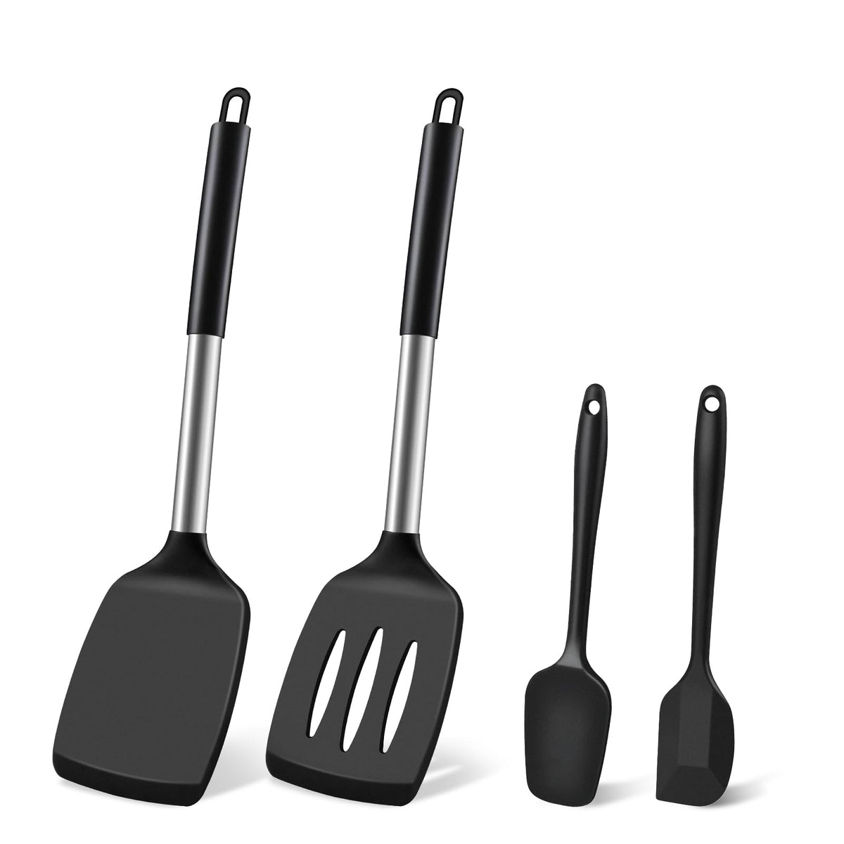 Silicone Spatula Set, Heat Resistant Solid & Slotted Turner for Non-Stick Pans, Silicone Cooking Utensils Set, BPA-Free, Flexible Spatula Turner for Flipping Eggs, Burgers, Pancakes, Black, 3 PCS-A