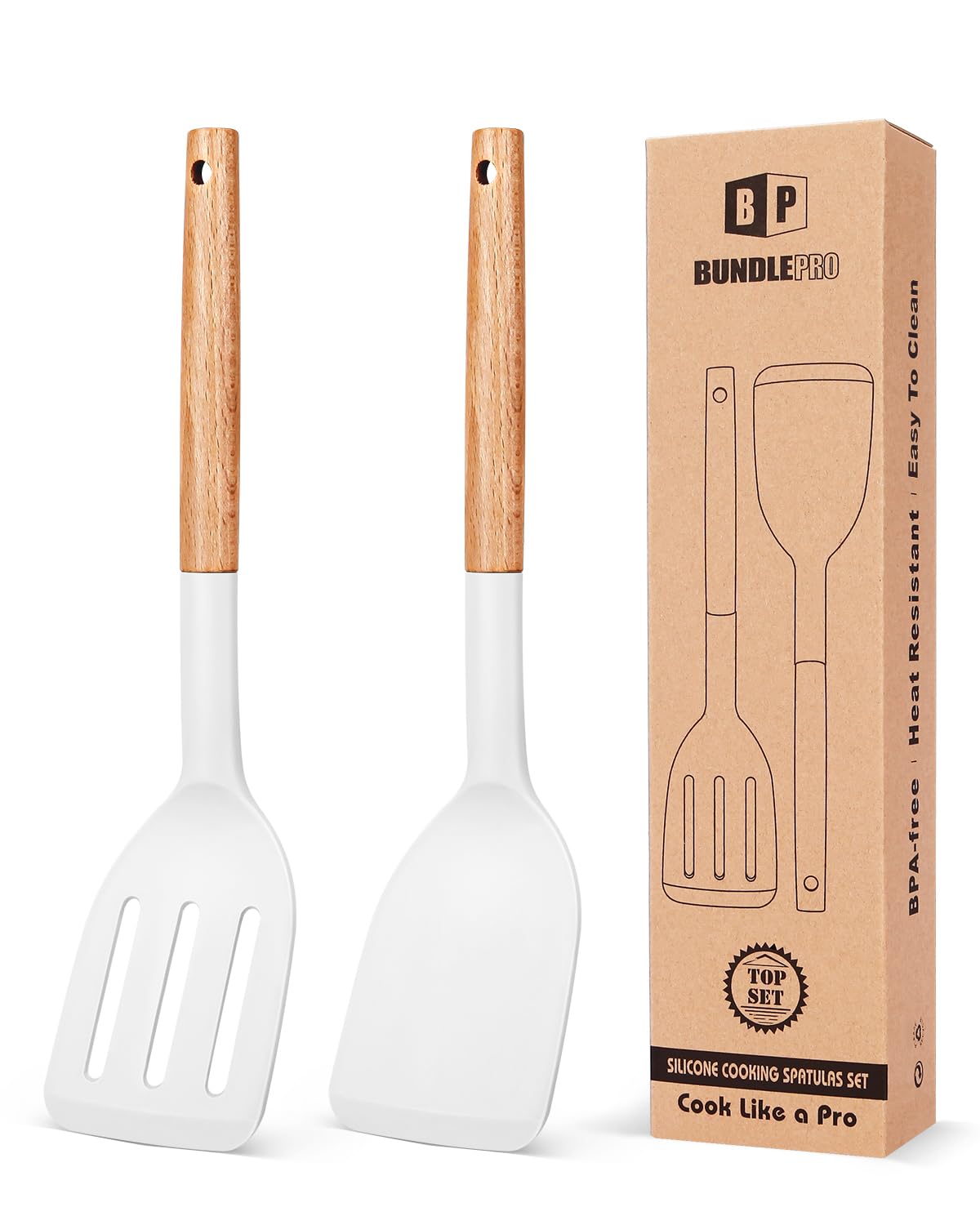Pack of 2 Silicone Cooking Spatula, Heat Resistant Solid Turner, Non Stick Slotted Spatulas with Wooden Short Handle,Ideal Wood Kitchen Utensils Set for Frying, Baking, Flipping, Turning