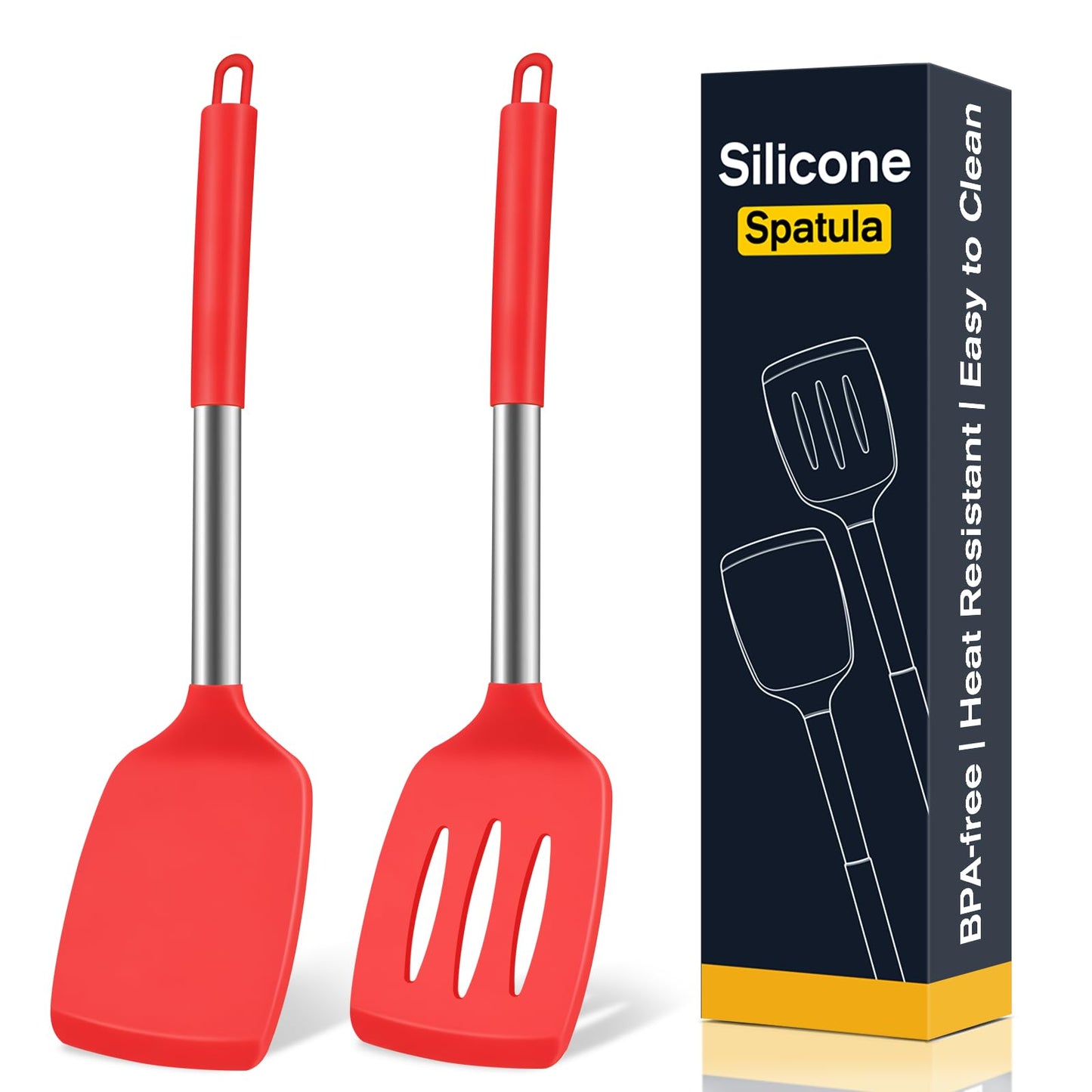 2 Pack Silicone Spatula Set, Solid & Slotted Turner for Non-Stick Pans, High Heat Resistant Silicone Spatula for Cooking, BPA-Free Stainless Steel Cooking Utensils for Fish, Eggs, Pancakes, Black
