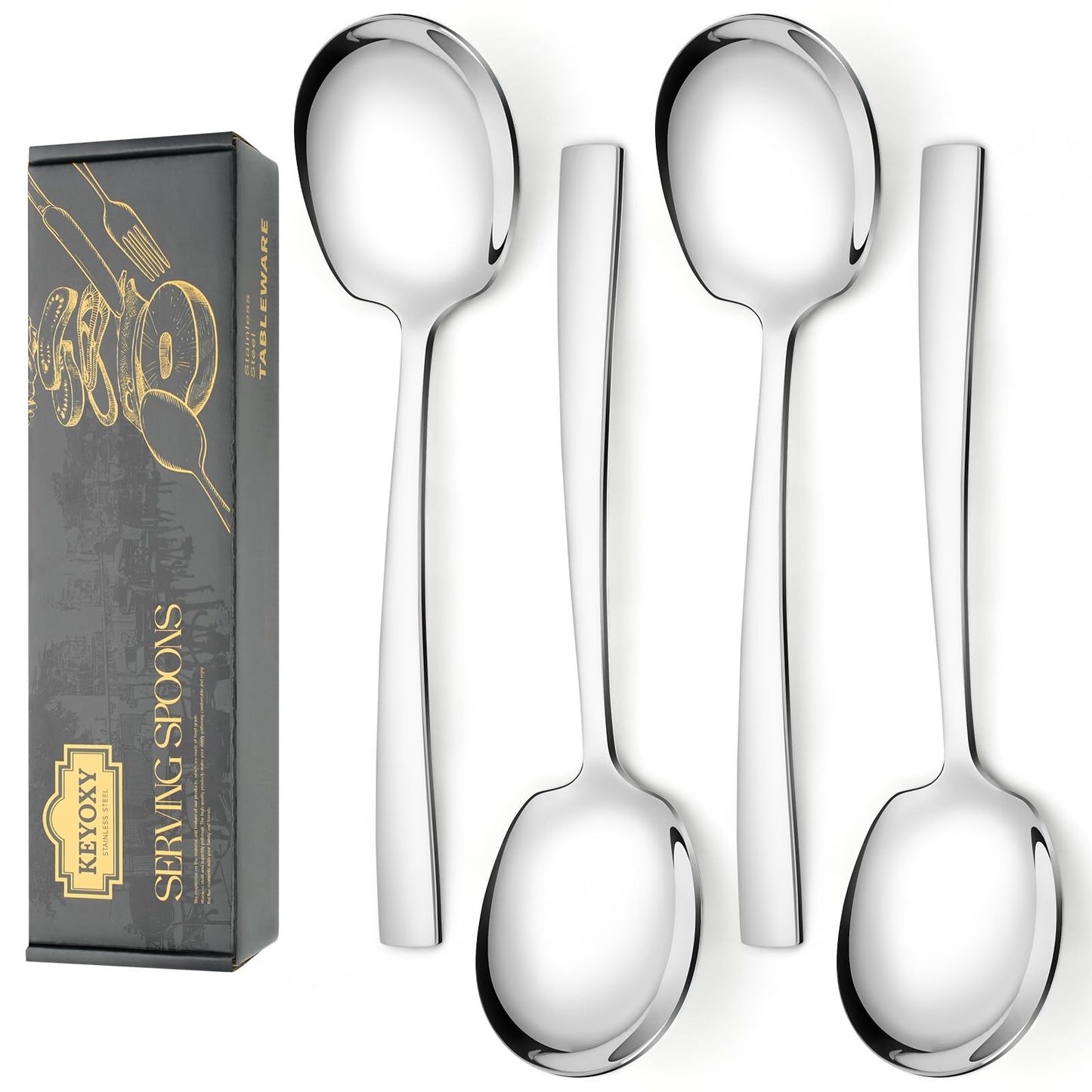 4 Piece Stainless Steel Serving Spoons Set - 2 Large, 2 Slotted, 9.2-Inch, Dishwasher Safe, for Parties/Kitchen/Buffet/Catering