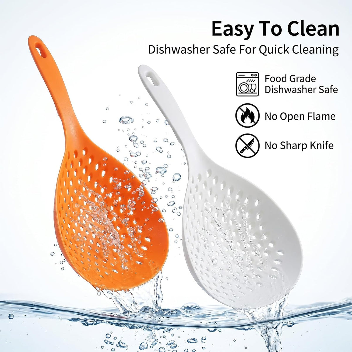 4 Pcs Scoop Colander Strainer Spoon, Big Plastic Slotted Spoon Heat Resistant Nylon Kitchen Utensils for Cooking Pasta Vegetables Dumplings, Large Orange and White