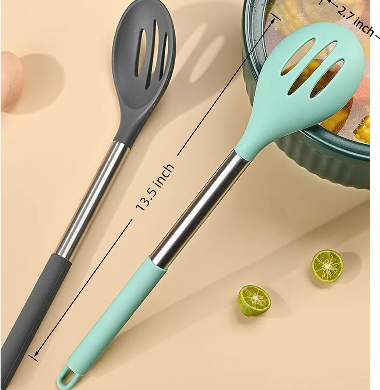 Silicone Slotted Cooking Spoon Set (13.2"), 3-Pack Large Stainless Steel Handle Non Stick Skimmer Spoon Heat Resistant 600°F, Ladle Strainers, Kitchen Utensils for Mixing Draining Frying
