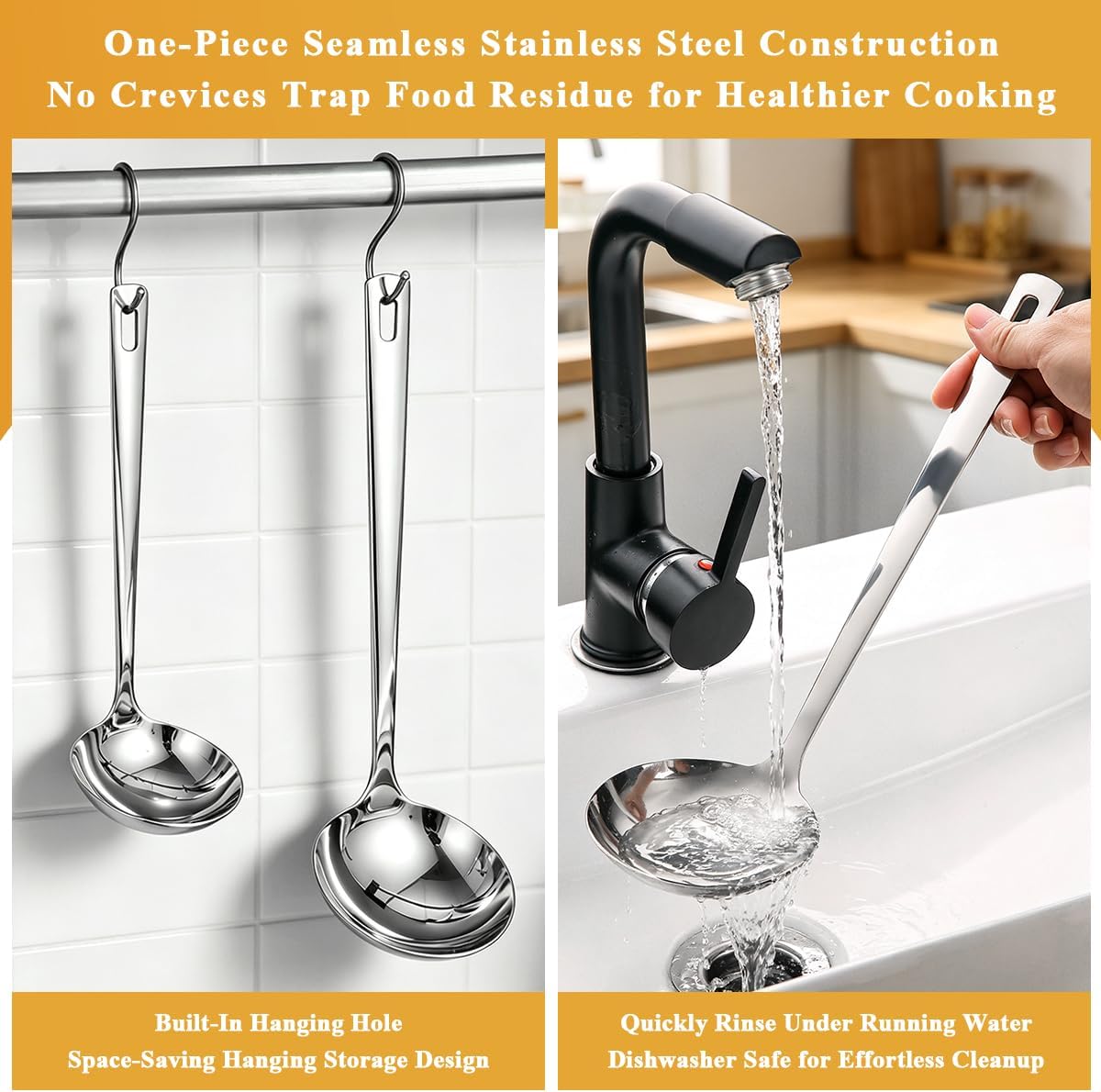 Kyraton 2 Piece Soup Ladle Set, 11.8" Large & 9.6" Small Stainless Steel Ladles, One-Piece Ergonomic Cooking Spoons, Dishwasher Safe Heavy Duty Serving Utensils for Home Kitchen Soup Sauce Noodle