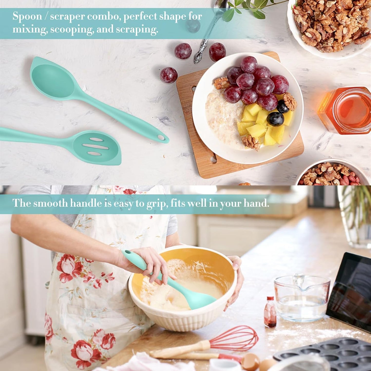 Silicone Corner Spoon Slotted, Heat Resistant Rubber Spoonula for Mixing, Serving, Scraping, Non-stick Slotted Cooking Spoons