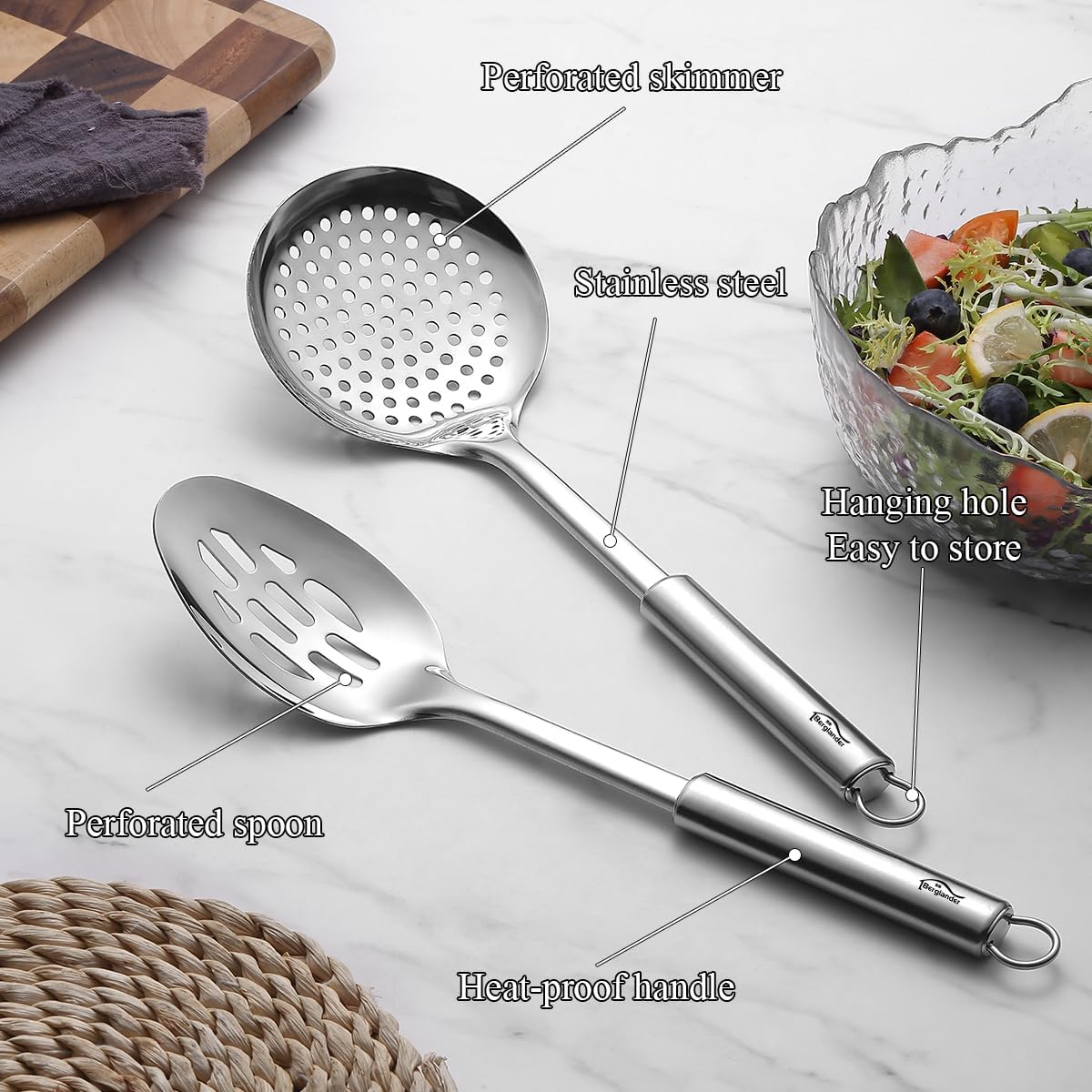 Berglander Kitchen Skimmer Slotted Spoons for Straining 2 pcs 13", Stainless Steel Kitchen Spider Strainer Ladle Spoon for Straining Pasta/Cooking/Frying/Noodle, Metal Kitchen Utensils Pasta Spoon