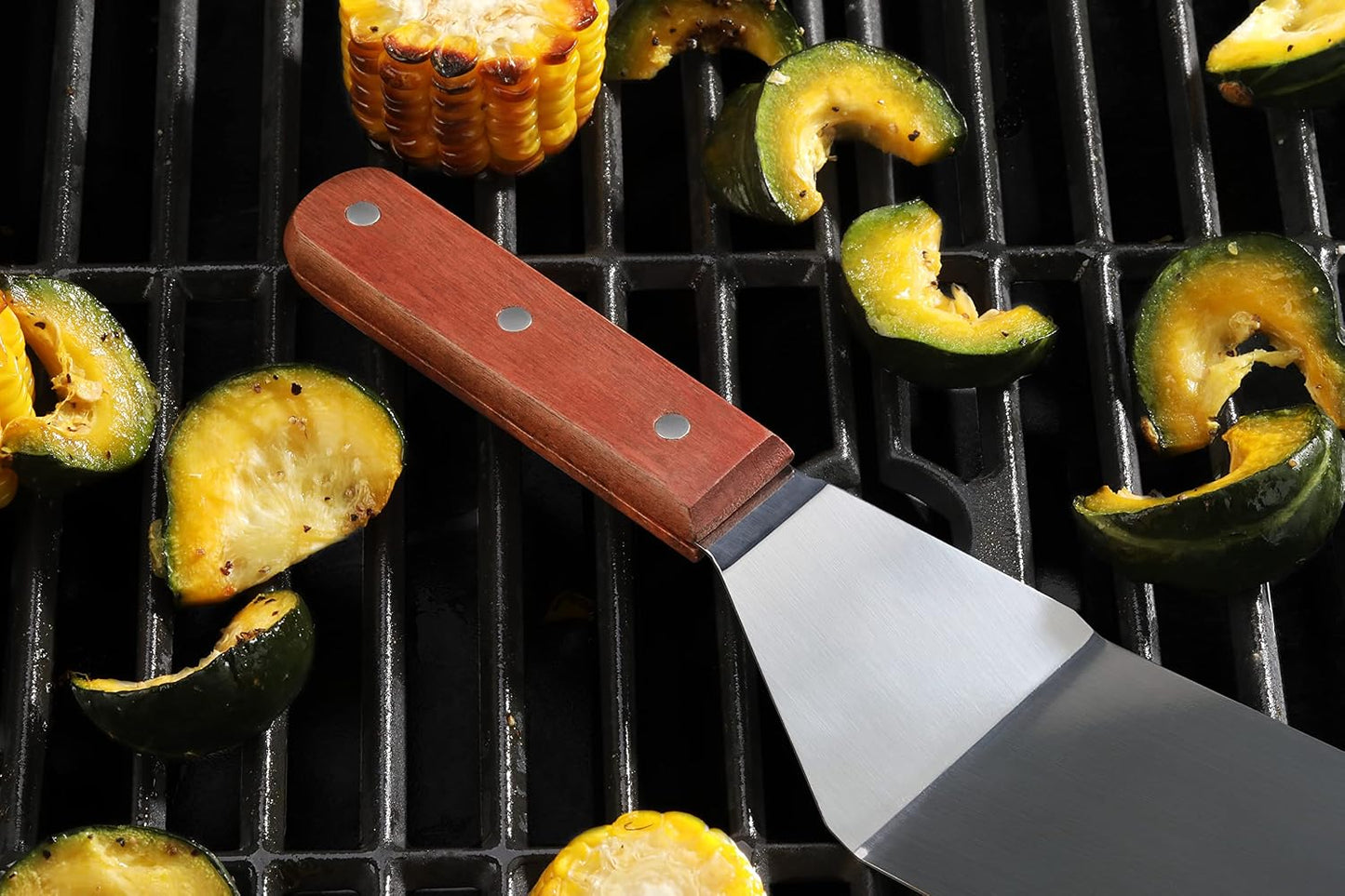 New Star Foodservice 12.5 Inch Grill Turner, Commercial Restaurant Grade Stainless Steel Spatula with Wood Handle for Griddle, Flat Top, and Grill