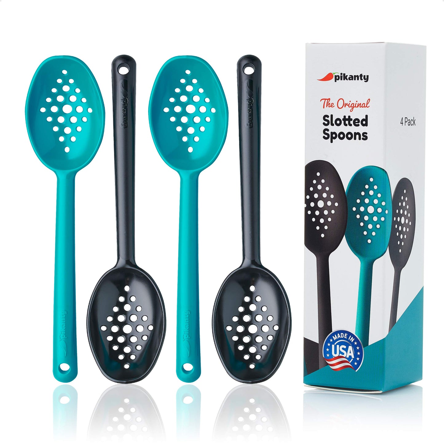 Olive and Pickle Spoon Set of 4, 7-Inch Small Slotted Serving Utensils for Jars, Teal and Black, Perfect for Olives, Pickles, Capers, Pepperoncini, Cherries, Dishwasher Safe, Made in USA by Pikanty