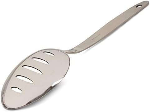 Chef Kunz Slotted Spoon | 9 Inch 18/10 Stainless Steel Silver Chef Cooking Spoons | Basting, Quenelle, Plating Spoon for Draining and Serving, Dishwasher Safe (Slotted)