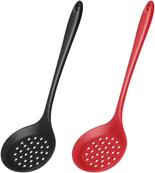 Skimmer Slotted Spoon 2PC Set, Heat Resistant 600 °F Slotted ladle Spoons For Kitchen Cooking. (Black & Red)