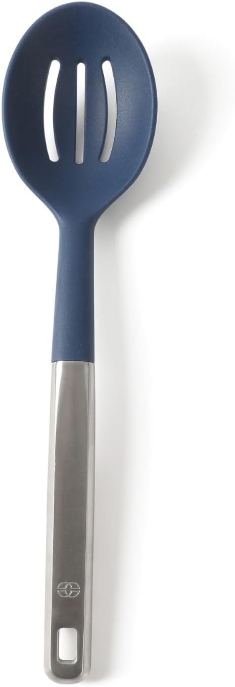 Calphalon Prime Slotted Spoon Skimmer, Stainless Steel Slotted Spoon, Straining Spoon with Navy Silicone Head, Heat-Resistant Nonstick-Safe Kitchen Tool