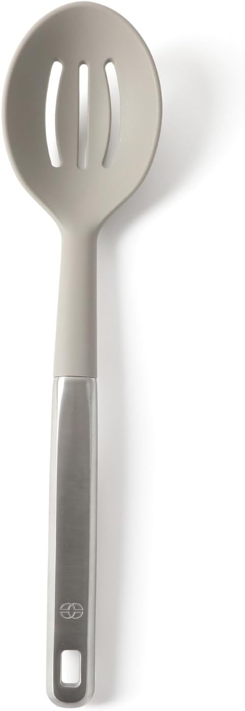 Calphalon Prime Slotted Spoon Skimmer, Stainless Steel Slotted Spoon, Straining Spoon with Taupe Silicone Head, Heat-Resistant Nonstick-Safe Kitchen Tool
