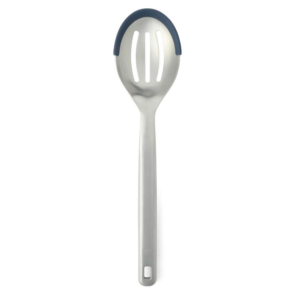Calphalon Prime Slotted Spoon Skimmer, Stainless Steel Slotted Spoon, Straining Spoon with Navy Silicone Head, Heat-Resistant Nonstick-Safe Kitchen Tool