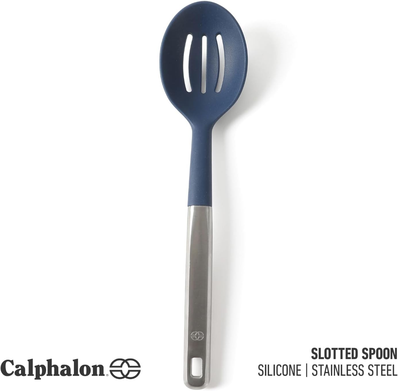 Calphalon Prime Slotted Spoon Skimmer, Stainless Steel Slotted Spoon, Straining Spoon with Navy Silicone Head, Heat-Resistant Nonstick-Safe Kitchen Tool
