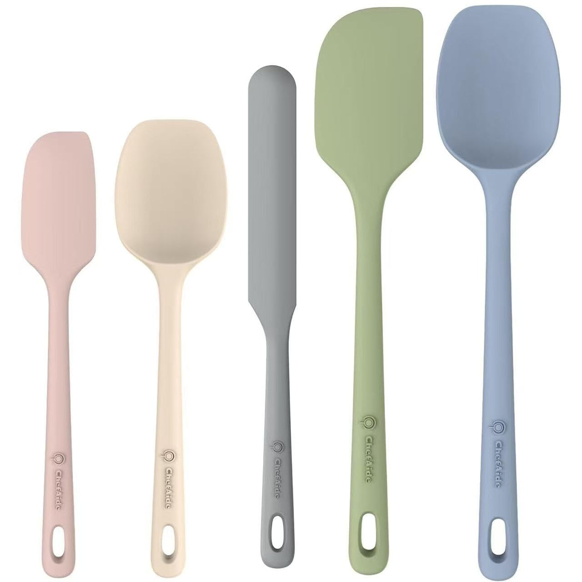 ChefAide 5 Pieces Silicone Spatula Set, Food Grade Rubber Spatula, Upgrade Strong Handle with Ergonomic Grip, Heat Resistant Up to 600°F for Nonstick Cookware, Cooking