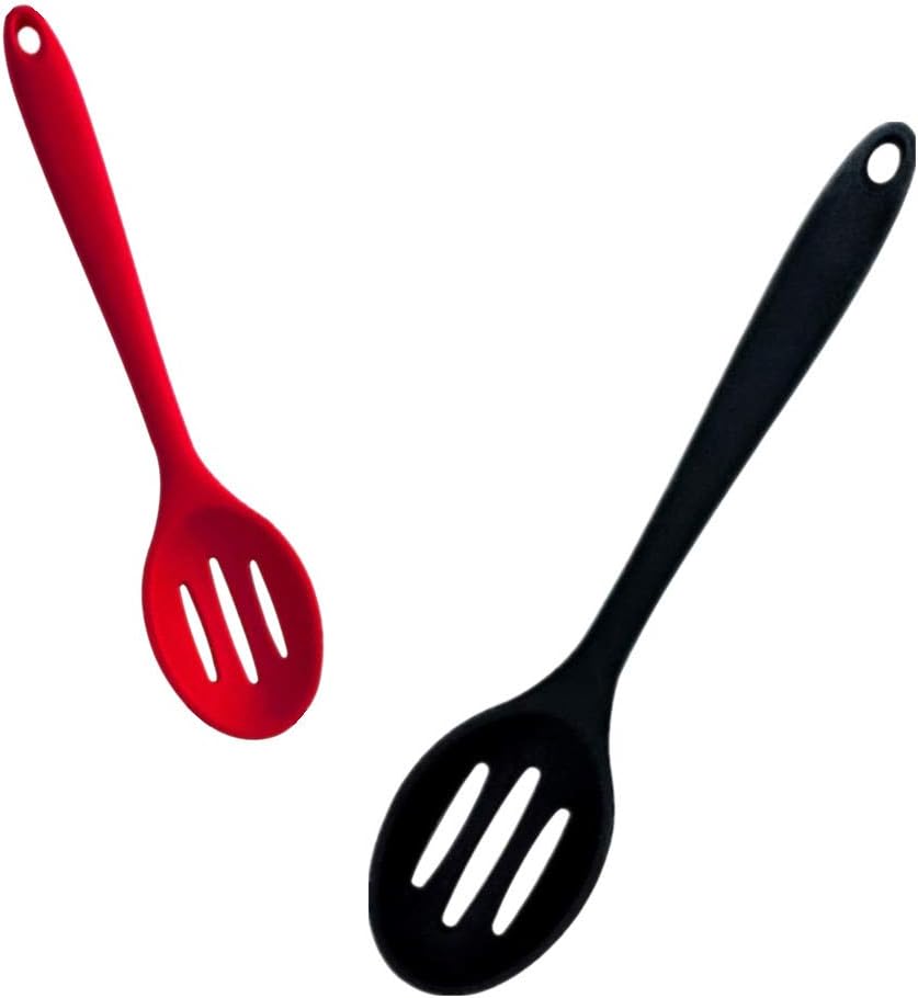 Kitchen Slotted Spoon, 2 Pcs Silicone Spoon Heat Resistant, Non Scratch Cooking Spoons Set for Stirring, Scooping and Mixing, RED BLACK,M (QTINDAI-02)