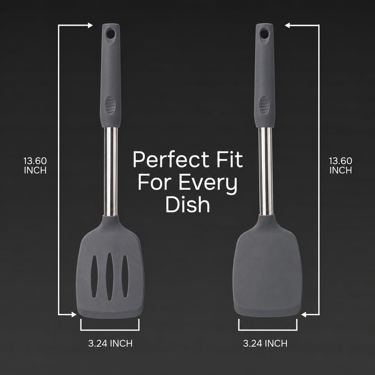 Silicone Spatula Set (2-Pc) - 600°F Heat Resistant, BPA Free, Non-Scratch, Dishwasher Safe I Slotted & Solid Kitchen Spatula Turners I Ideal for Eggs, Pancakes, Fish I Stainless Steel I Gray
