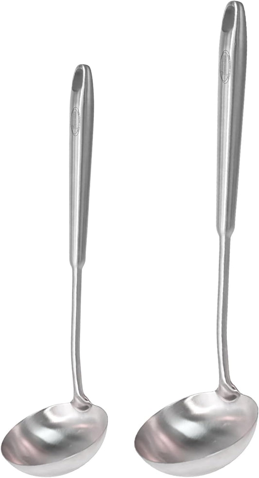 Newness 2 Pack Soup Ladle, [Rustproof, Heat Resistance, Integral Forming] Resilient 304 Stainless Steel Soup Spoon with Vacuum Ergonomic Round Handle, Cooking Spoon for Kitchen, 13.7 and 11.6 Inches