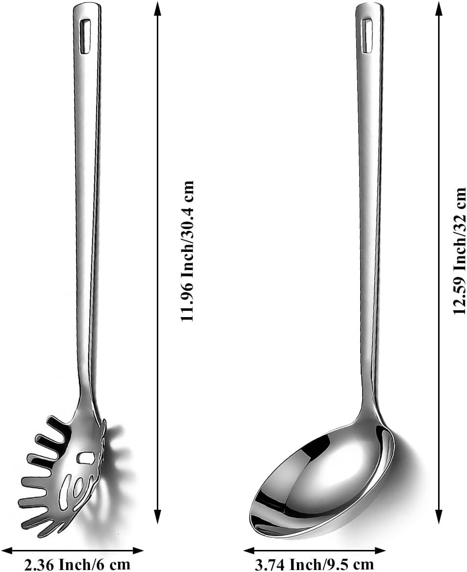 Berglander Kitchen Ladle Spoon and Spaghetti Spoon Set 2 pieces, Pasta Spoon Stainless Steel Kitchen Utensils for Cooking, Stirring, Serving Spaghetti, Soup, Sauce, Dishwasher Safe