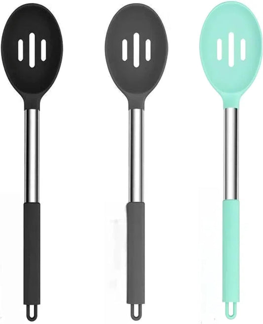 Silicone Slotted Cooking Spoon Set (13.2"), 3-Pack Large Stainless Steel Handle Non Stick Skimmer Spoon Heat Resistant 600°F, Ladle Strainers, Kitchen Utensils for Mixing Draining Frying