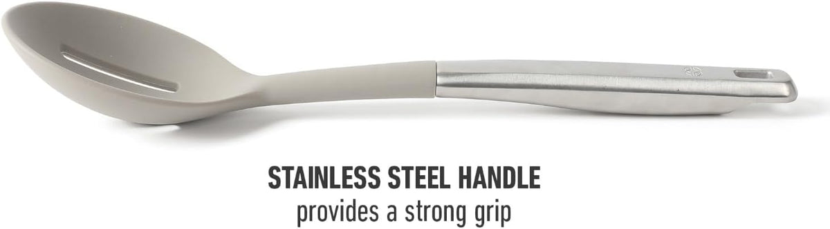 Calphalon Prime Slotted Spoon Skimmer, Stainless Steel Slotted Spoon, Straining Spoon with Taupe Silicone Head, Heat-Resistant Nonstick-Safe Kitchen Tool