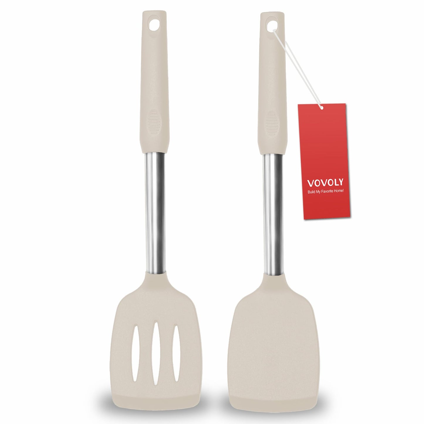 2 Pack Spatulas, Solid & Slotted Silicone Spatula Set, Stainless Steel Handle Coated with Silicone, Non Stick Turners, Heat Resistant Rubber Spatulas for Fish, Eggs, Pancakes, WOK, Black