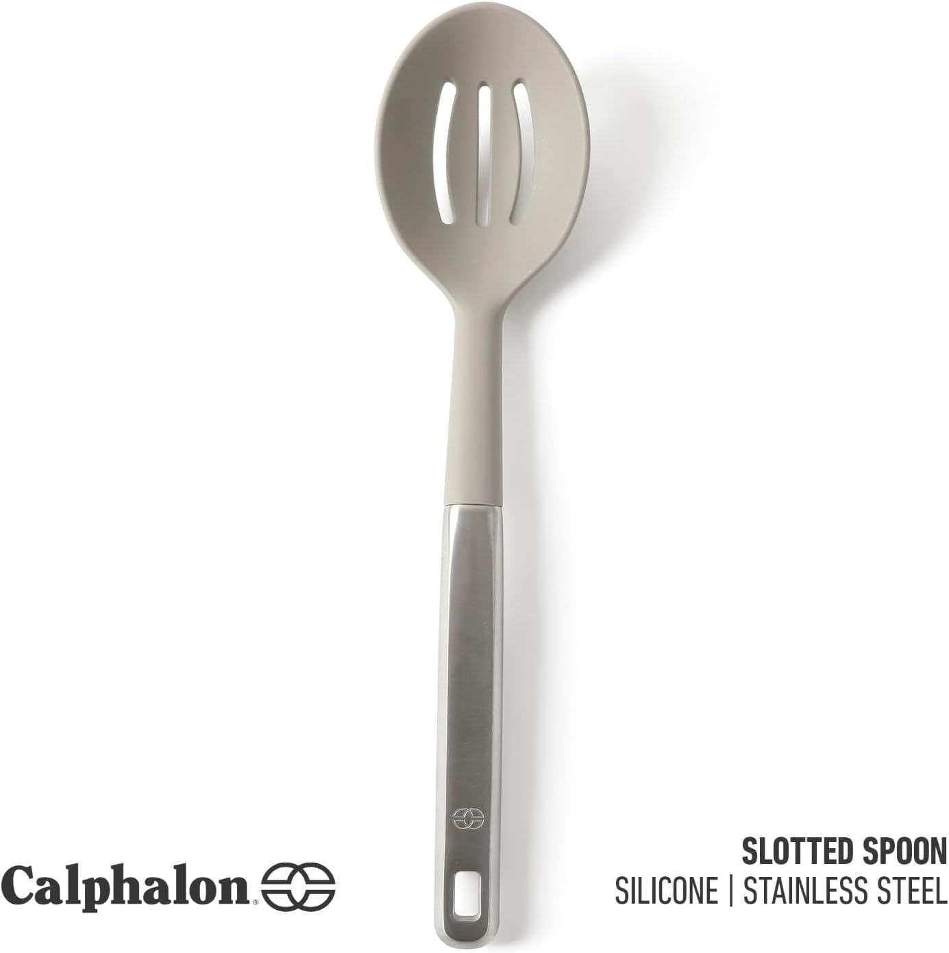Calphalon Prime Slotted Spoon Skimmer, Stainless Steel Slotted Spoon, Straining Spoon with Taupe Silicone Head, Heat-Resistant Nonstick-Safe Kitchen Tool