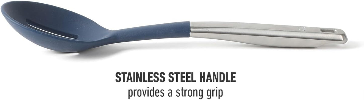 Calphalon Prime Slotted Spoon Skimmer, Stainless Steel Slotted Spoon, Straining Spoon with Navy Silicone Head, Heat-Resistant Nonstick-Safe Kitchen Tool