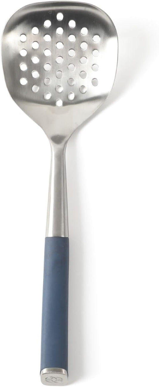 Calphalon Edge Stainless Steel Slotted Spoon/Skimmer, Kitchen Strainer Spoon, Skimmer with Silicone Heat Resistance Handle, Slotted Cooking Tool for Draining and Skimming (Blue)