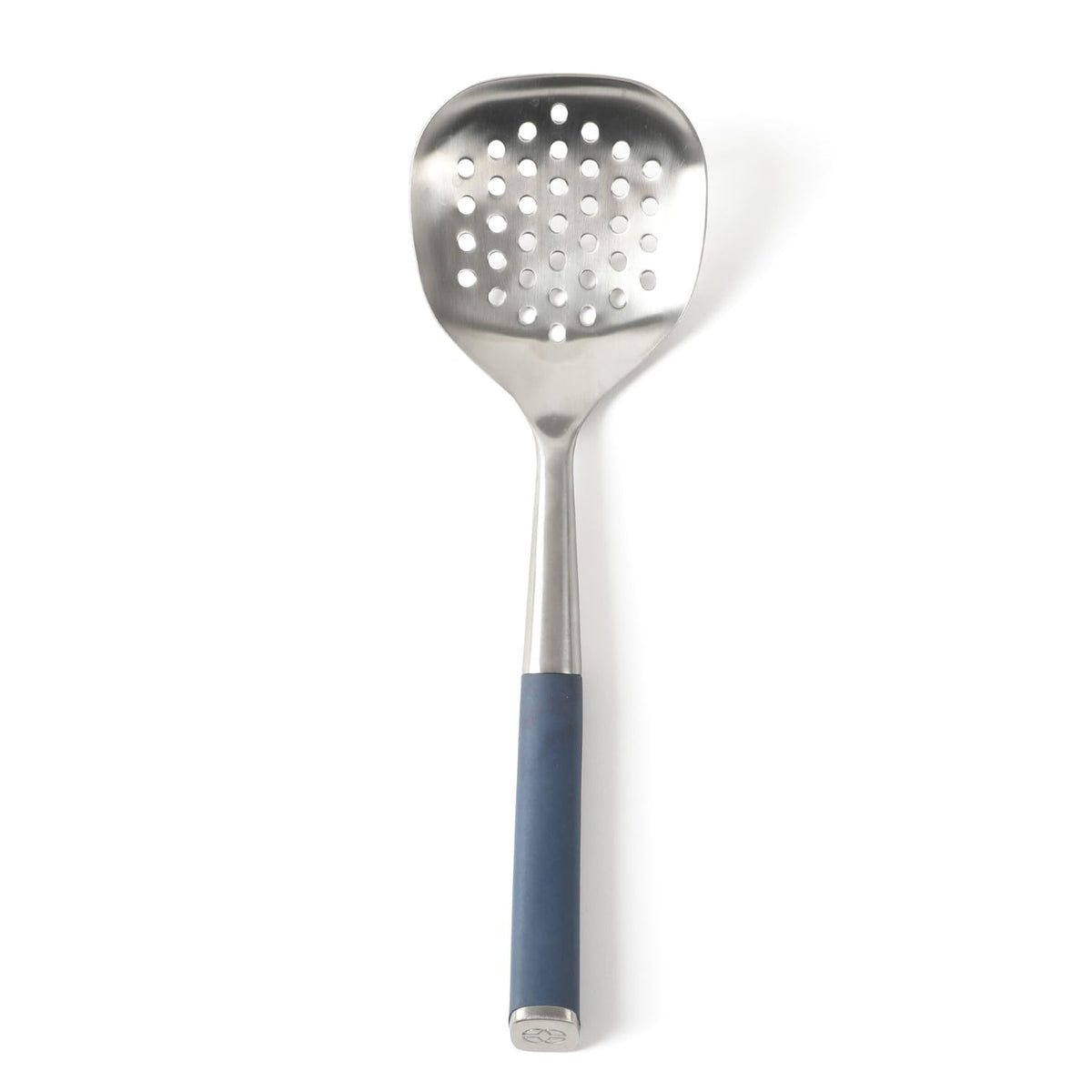 Calphalon Edge Stainless Steel Slotted Spoon/Skimmer, Kitchen Strainer Spoon, Skimmer with Silicone Heat Resistance Handle, Slotted Cooking Tool for Draining and Skimming (Blue)