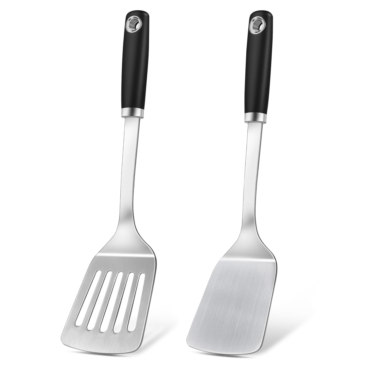 2 Pcs Stainless Steel Spatulas Set, Metal Spatula Solid & Slotted Turner, Heavy Duty Sturdy Spatula for Kitchen Use, High Heat Resistant Cooking Utensils for Fish Eggs Pancakes, Easy to Clean, Silver