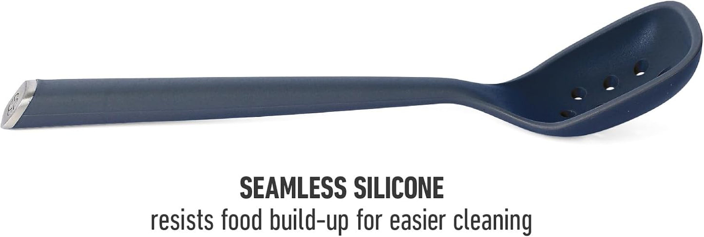 Calphalon Edge Silicone Slotted Spoon/Skimmer, Flexible Heat-Resistant Kitchen Strainer Spoon for Cooking, Frying, Skimming & Serving, Nonstick Safe, Navy Blue