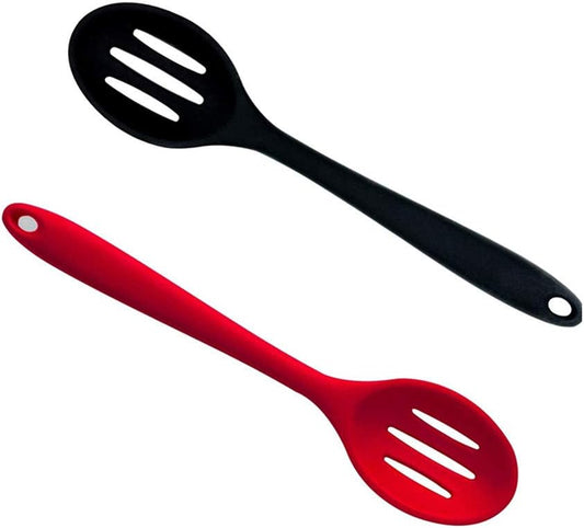 Kitchen Slotted Spoon, 2 Pcs Silicone Spoon Heat Resistant, Non Scratch Cooking Spoons Set for Stirring, Scooping and Mixing, RED BLACK,M (QTINDAI-02)