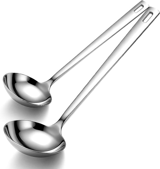 Kyraton 2 Piece Soup Ladle Set, 11.8" Large & 9.6" Small Stainless Steel Ladles, One-Piece Ergonomic Cooking Spoons, Dishwasher Safe Heavy Duty Serving Utensils for Home Kitchen Soup Sauce Noodle