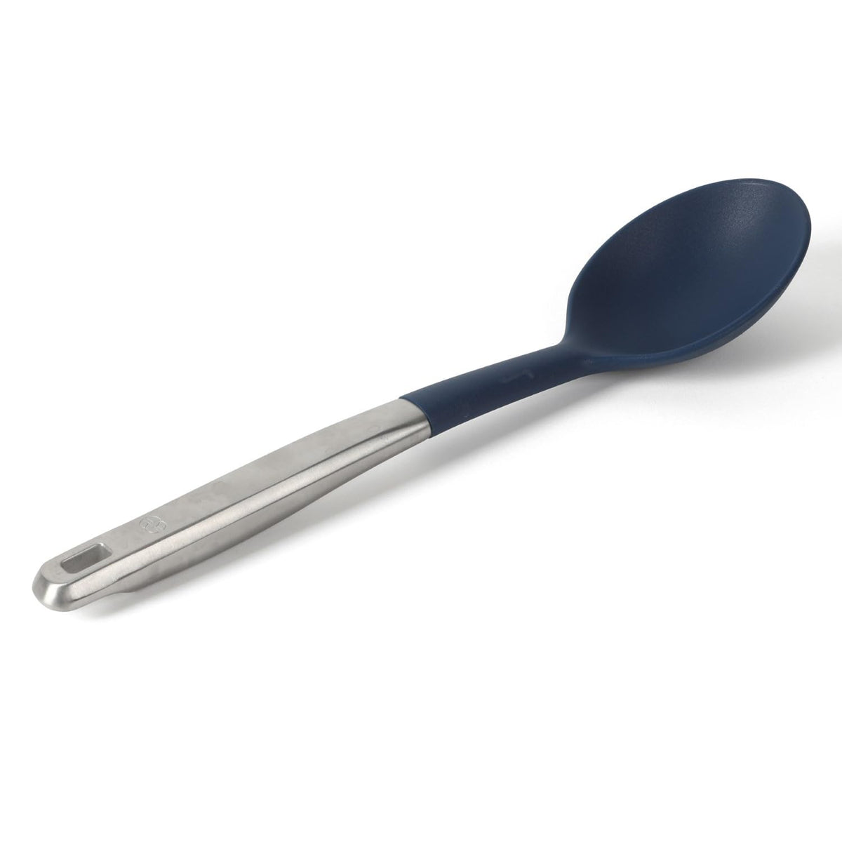 Calphalon Prime Slotted Spoon Skimmer, Stainless Steel Slotted Spoon, Straining Spoon with Navy Silicone Head, Heat-Resistant Nonstick-Safe Kitchen Tool