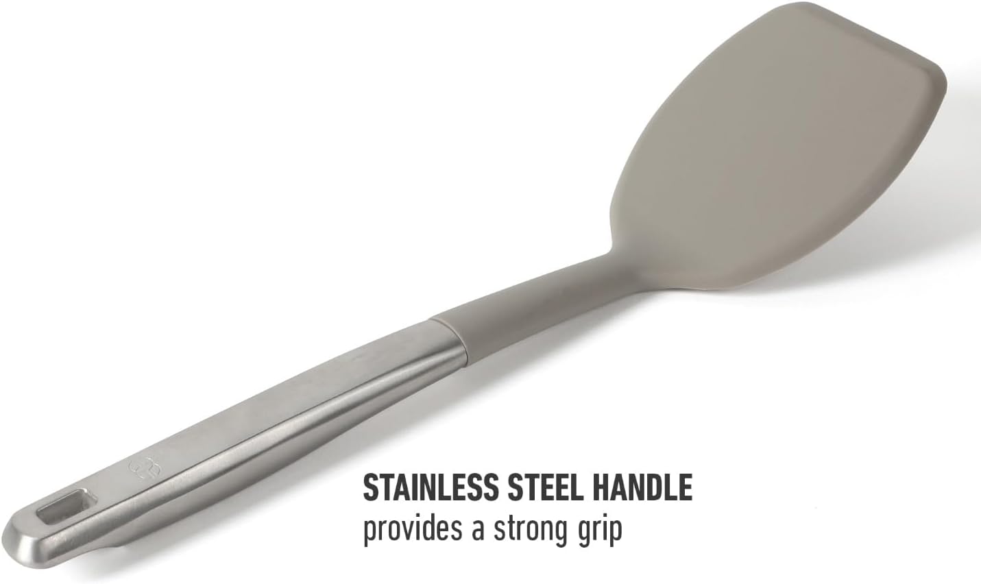Calphalon Prime Solid Turner, Cooking Spatula, Kitchen Spatula, Stainless Steel Turner with Taupe Silicone Head High-Heat Resistant for Nonstick Cookware, Ergonomic Handle for Easy Turning