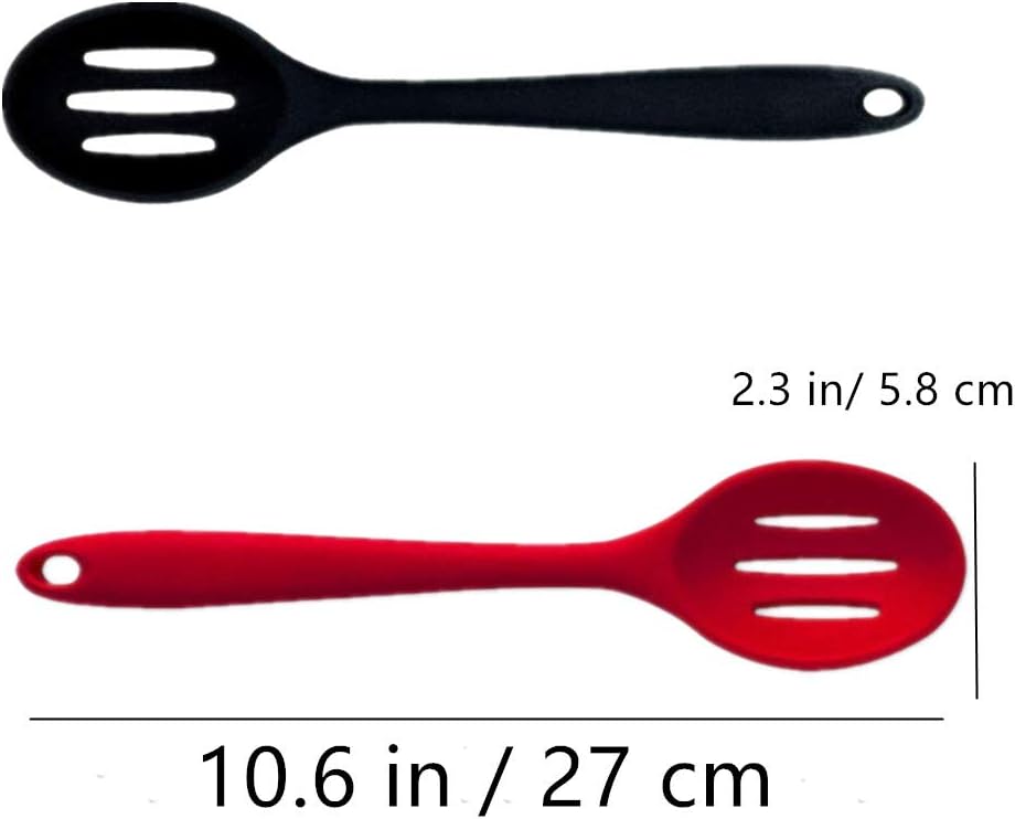Kitchen Slotted Spoon, 2 Pcs Silicone Spoon Heat Resistant, Non Scratch Cooking Spoons Set for Stirring, Scooping and Mixing, RED BLACK,M (QTINDAI-02)