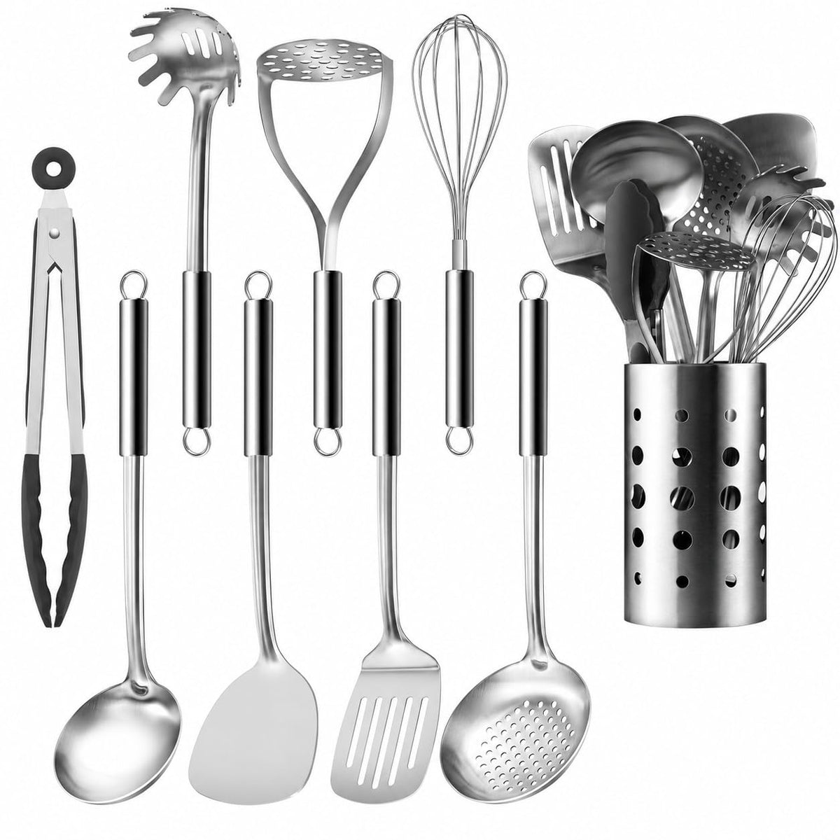 Pleafind Cooking Utensils Set - 4 Pcs Stainless Steel Kitchen Utensils Set with Solid Turner, Slotted Turner, Serving Ladle, Slotted Spoon, Wok Utensils Set with Heat Resistant Handle, Dishwasher Safe