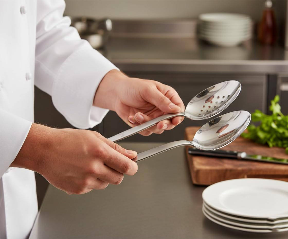 Kunz Perforated and Regular Set | Pack of 2 | 9 Inch 18/10 Stainless Steel Cooking Serving Spoon | Daily Chef, Basting, Quenelle, Saucing, Plating Spoon | Dishwasher safe