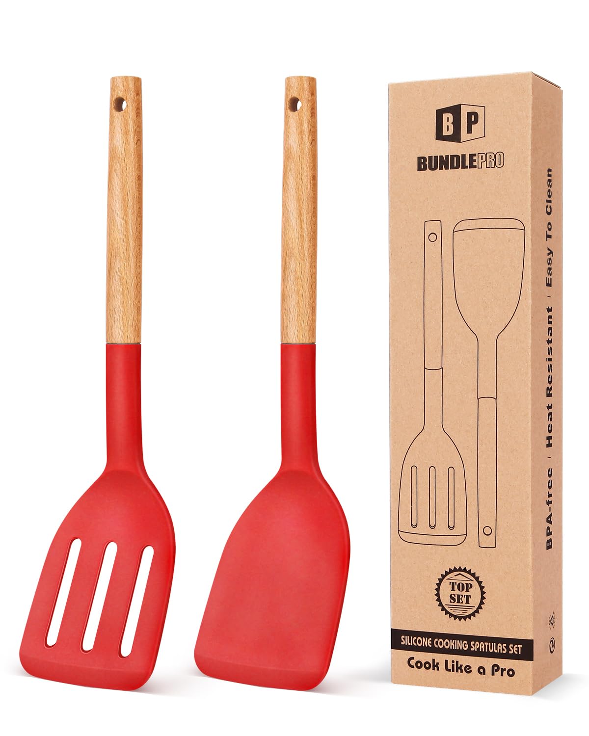 Pack of 2 Silicone Cooking Spatula, Heat Resistant Solid Turner, Non Stick Slotted Spatulas with Wooden Short Handle,Ideal Wood Kitchen Utensils Set for Frying, Baking, Flipping, Turning