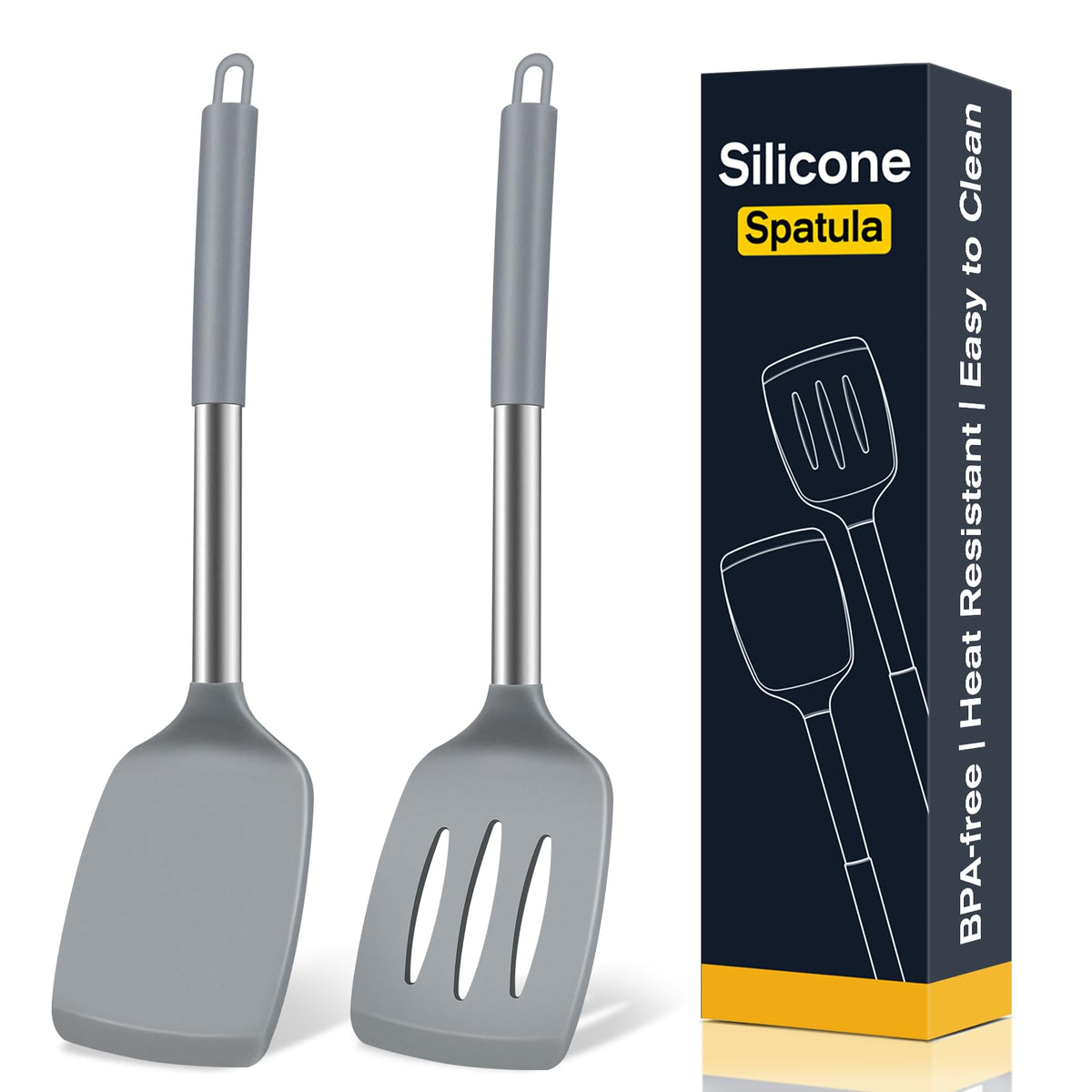 2 Pack Silicone Spatula Set, Solid & Slotted Turner for Non-Stick Pans, High Heat Resistant Silicone Spatula for Cooking, BPA-Free Stainless Steel Cooking Utensils for Fish, Eggs, Pancakes, Black