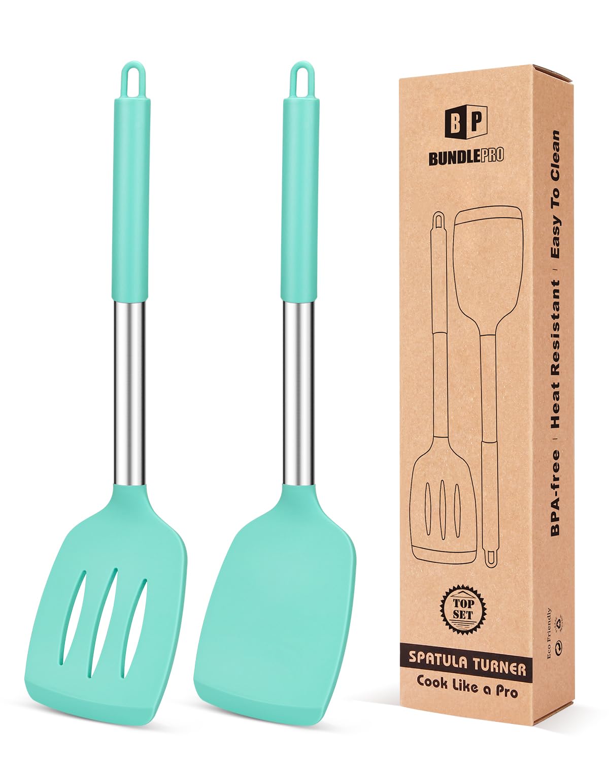 Pack of 2 Silicone Solid Turner, Non Stick Slotted Kitchen Spatulas, High Heat Resistant BPA Free Cooking Utensils, Ideal Cookware for Fish, Eggs, Pancakes(Black)
