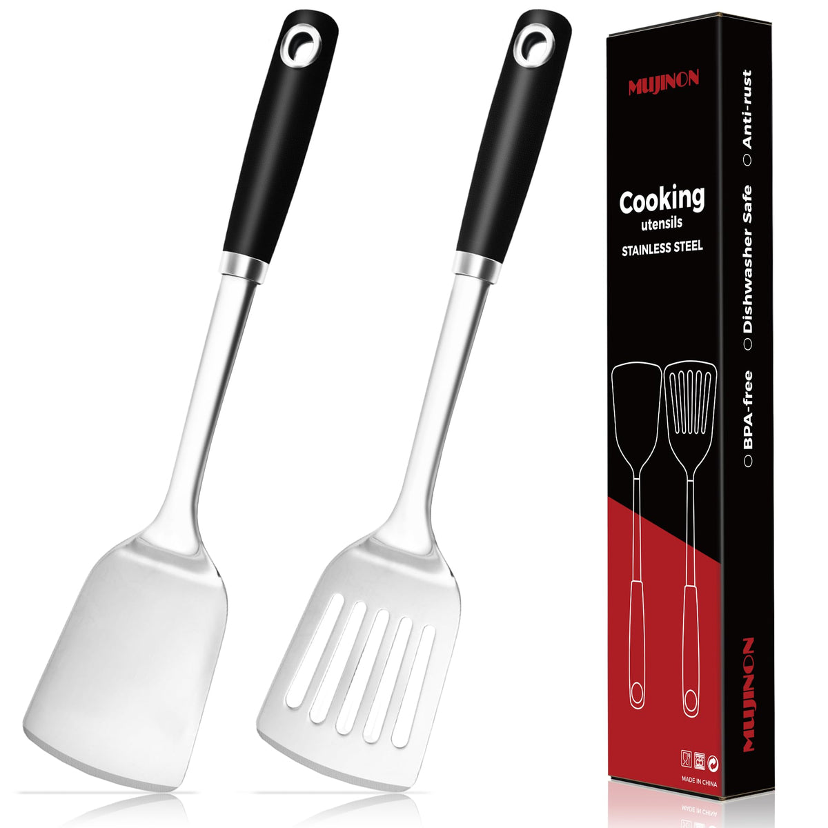 14-in Spatula Set, 18/0 Stianless Steel Heavy Duty Turner & Slotted Spatula, Kitchen Cooking Utensils Set, High Heat Resistant, Grilling Frying Serving Food, Pack of 2