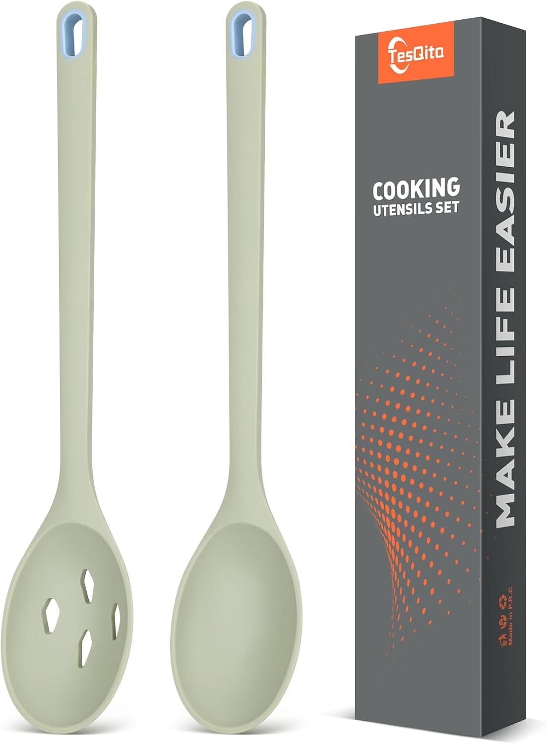 Silicone Cooking Spoon, Solid&Slotted Spoons, 2 Pack (Green)