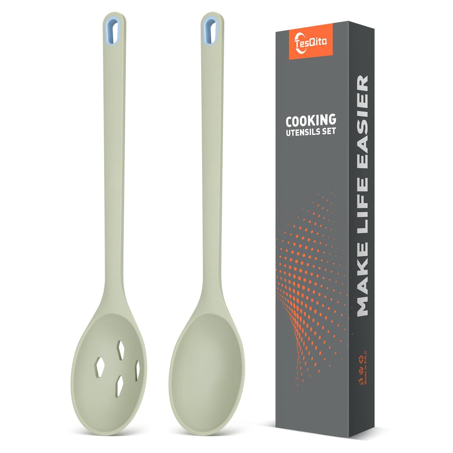 Silicone Cooking Spoon, Solid&Slotted Spoons, 2 Pack (Green)