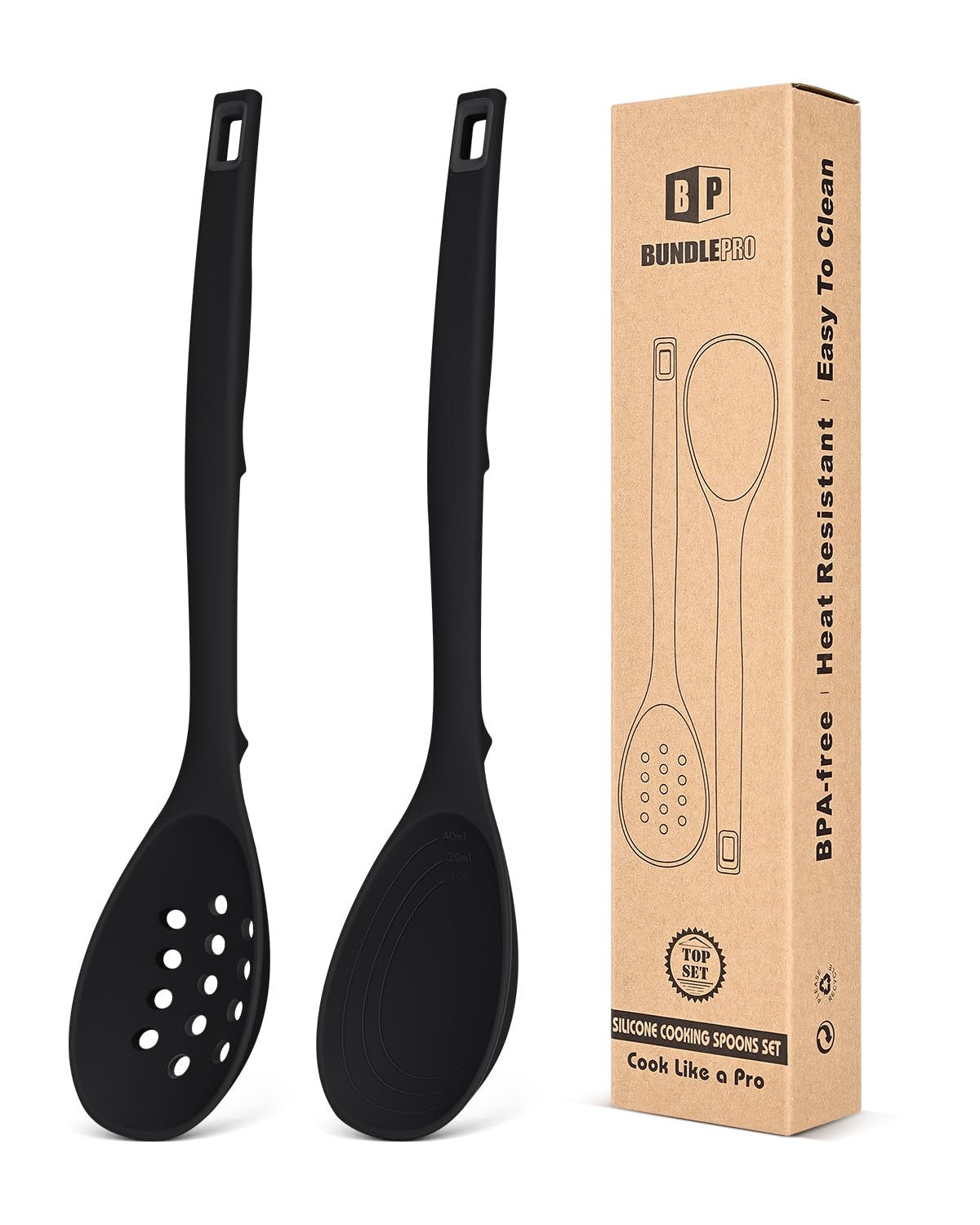 Pack of 2 Silicone Cooking Spoons, Non Stick Solid Kitchen Spoon with Measuring Marks & Back Hooks, Heat Resistant Silicone Slotted Spoon for Cooking, Mixing, Stirring,Serving(KHAKI)
