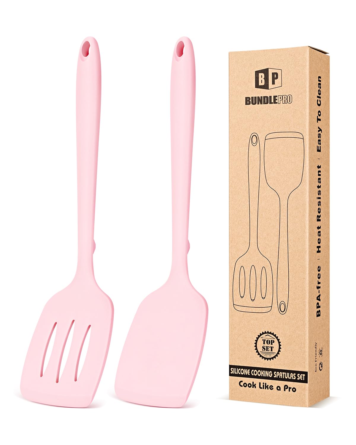 Pack of 2 Silicone Spatula Turners, Non Stick Slotted Kitchen Spatula Set, Heat Resistant BPA Free Kitchen Utensils, One-Piece Design, Suitable for Flipping Fish, Eggs, Steak, Pancakes(KHAKI)