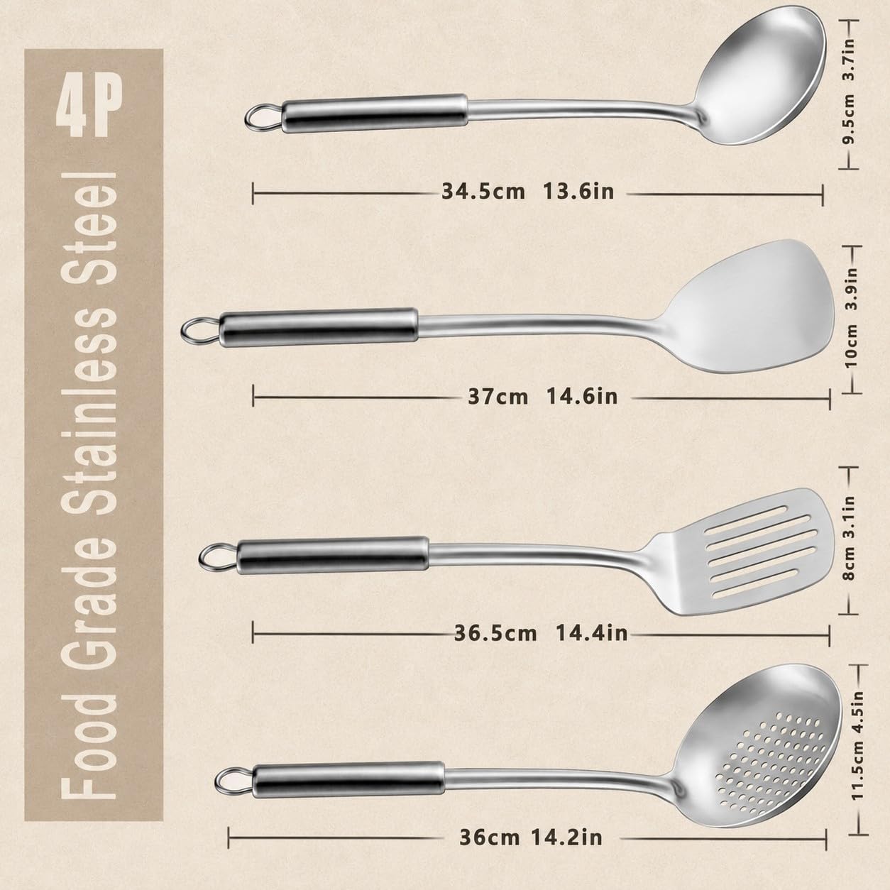 Pleafind Cooking Utensils Set - 4 Pcs Stainless Steel Kitchen Utensils Set with Solid Turner, Slotted Turner, Serving Ladle, Slotted Spoon, Wok Utensils Set with Heat Resistant Handle, Dishwasher Safe