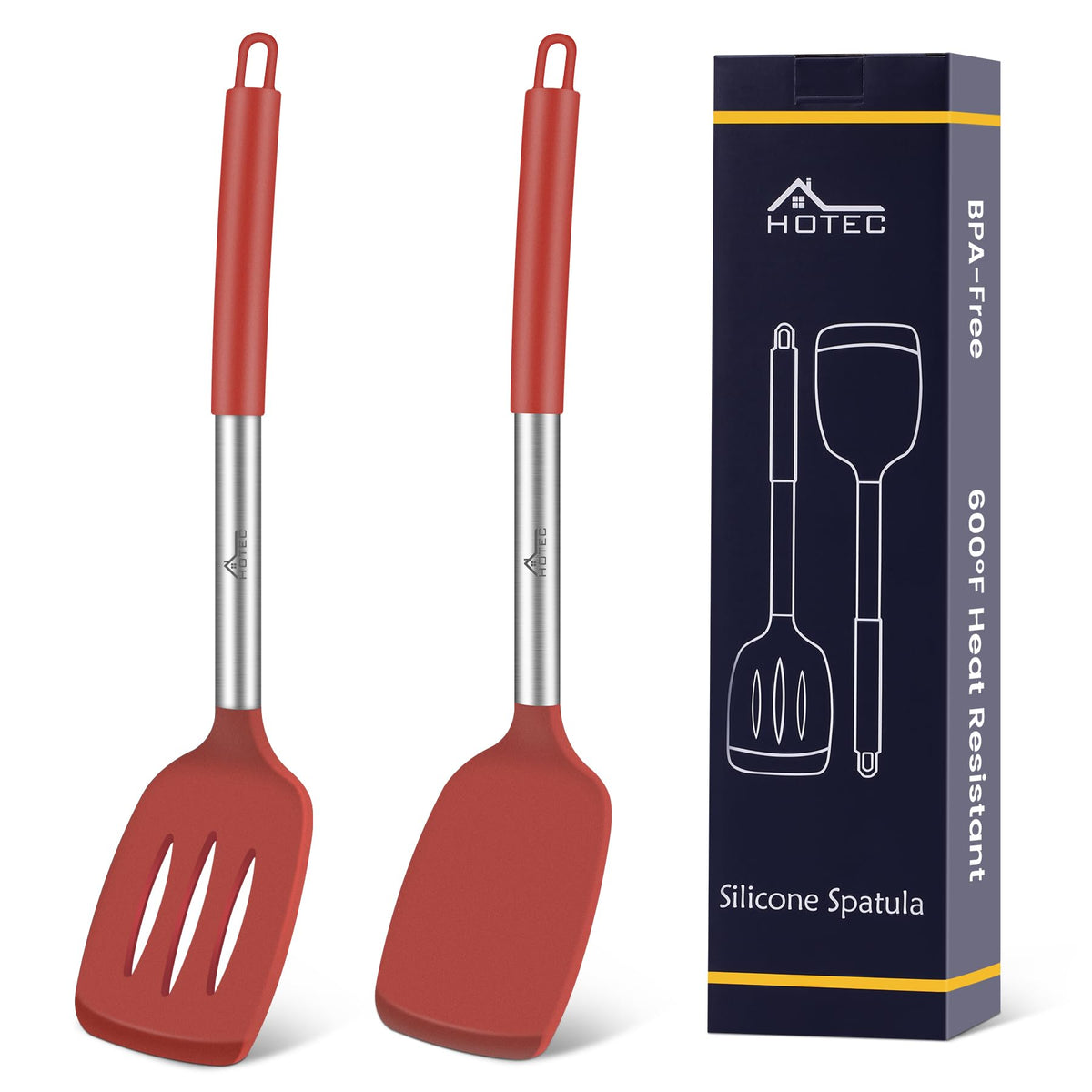 HOTEC Silicone Spatula Set of 2 Heat-Resistant 600°F & BPA-Free Kitchen SaptulaTurner with Stainless Steel Handles, Slotted & Solid Spatulas for Nonstick Cookware, 13.7 Inch, Classic Blue