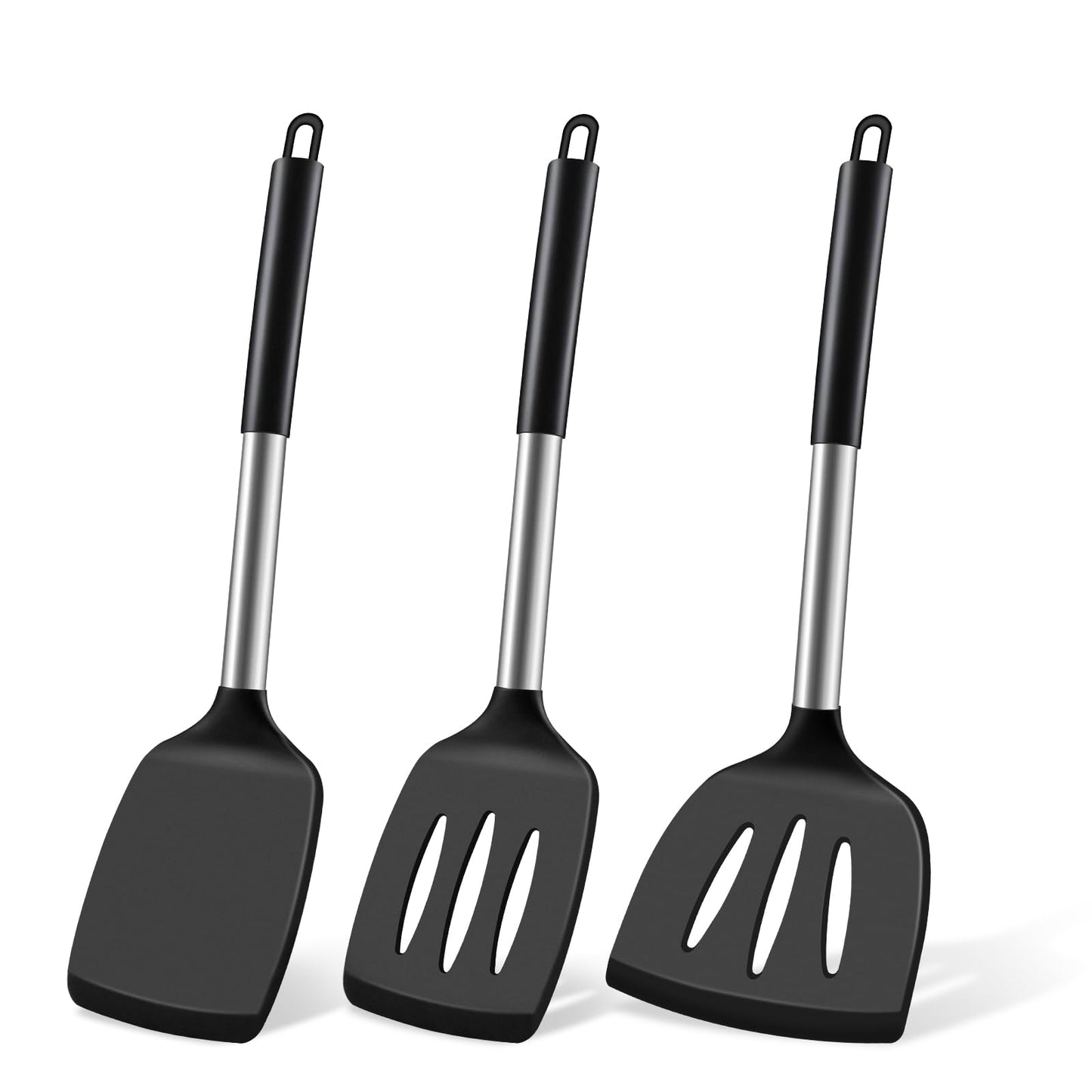 Silicone Spatula Set, Heat Resistant Solid & Slotted Turner for Non-Stick Pans, Silicone Cooking Utensils Set, BPA-Free, Flexible Spatula Turner for Flipping Eggs, Burgers, Pancakes, Black, 3 PCS-A