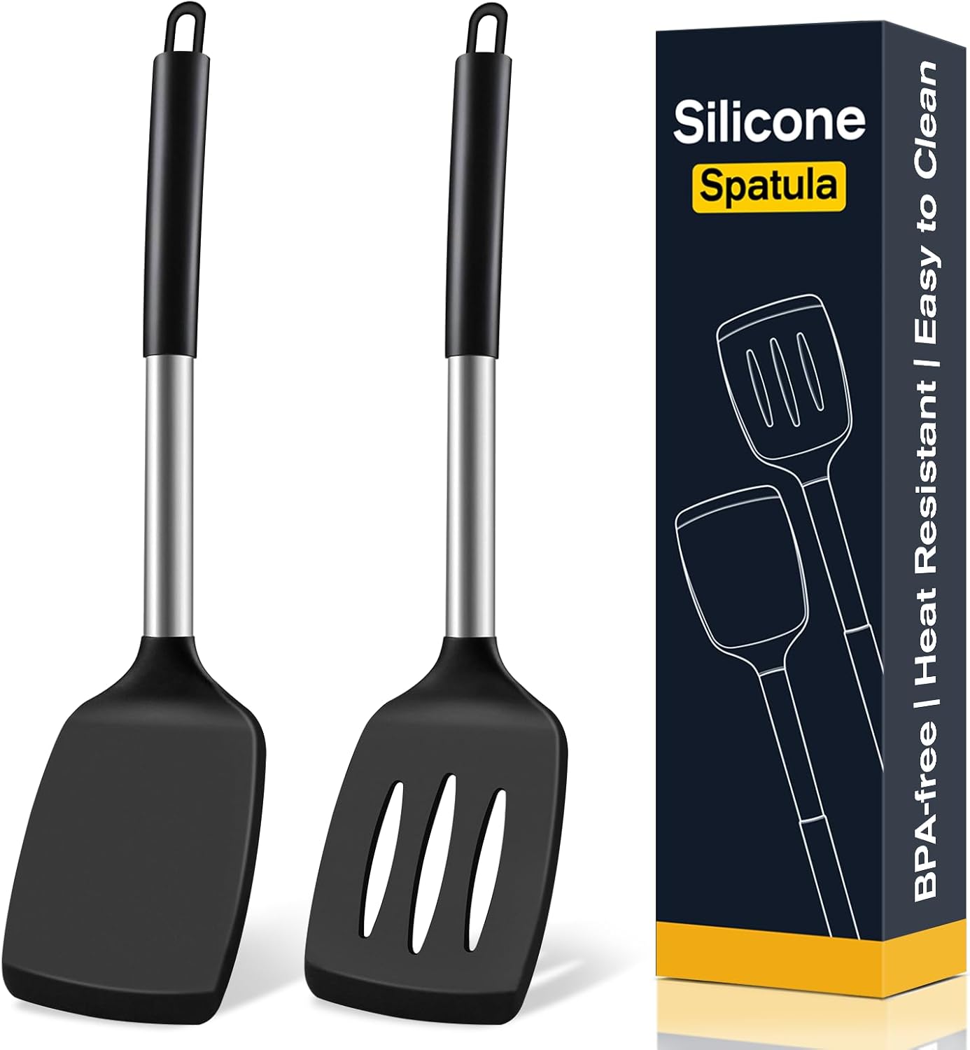 2 Pack Silicone Spatula Set, Solid & Slotted Turner for Non-Stick Pans, High Heat Resistant Silicone Spatula for Cooking, BPA-Free Stainless Steel Cooking Utensils for Fish, Eggs, Pancakes, Black